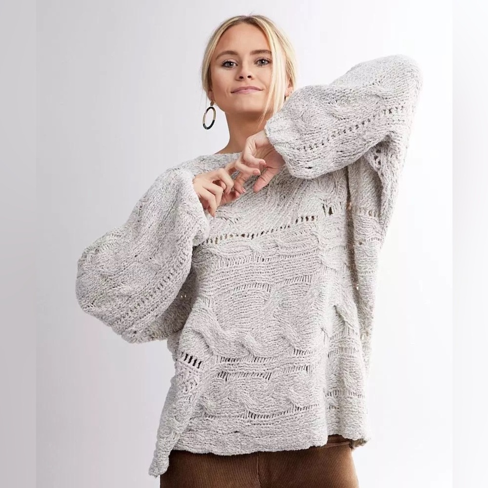 Free People Gray Textured Crew Neck Sweater